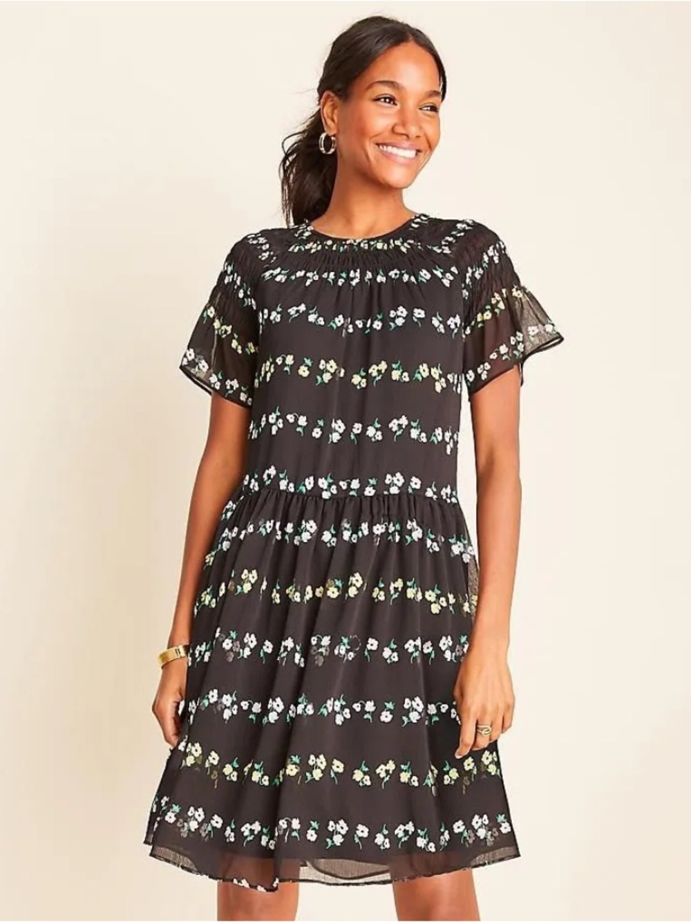 Ann Taylor Black Floral Smocked Tiered Dress